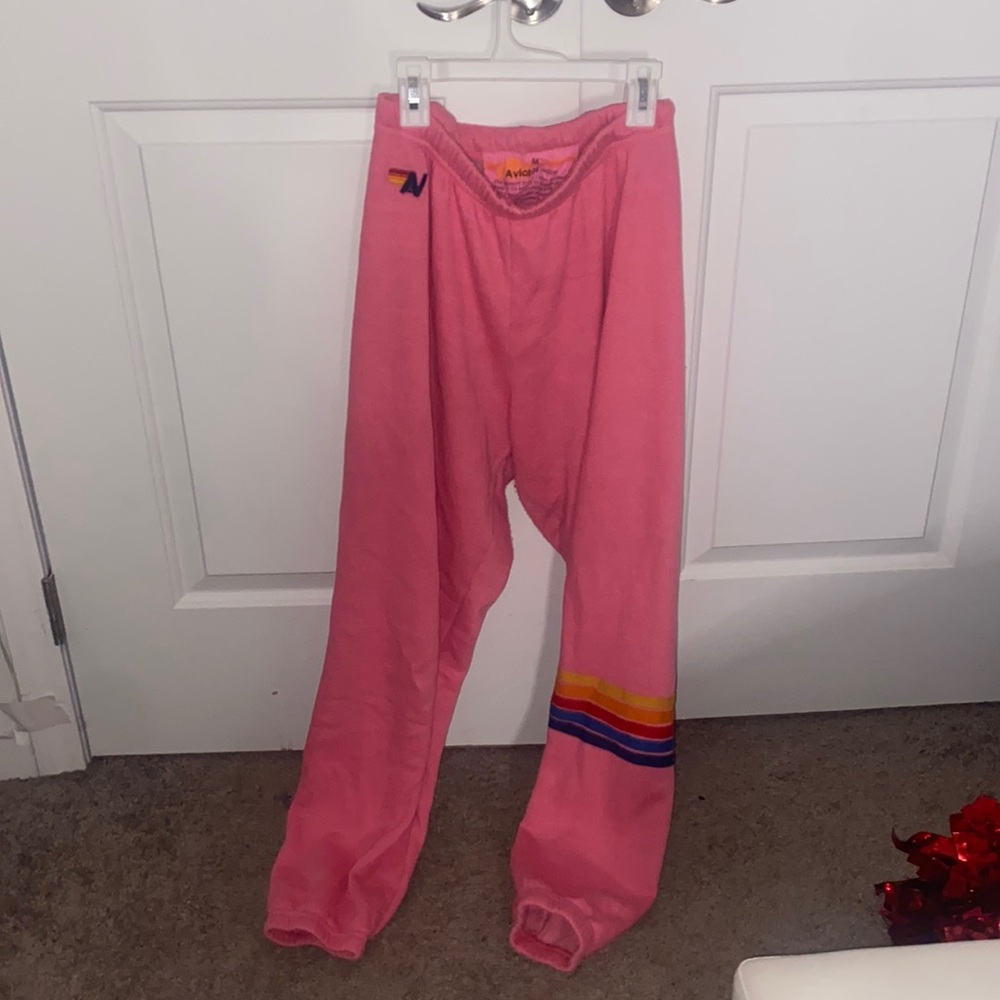 Aviator Nation Pink Rainbow stitch sweatpants.